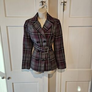 Rampage Burgundy and Gray Plaid Double-Breasted Jacket
